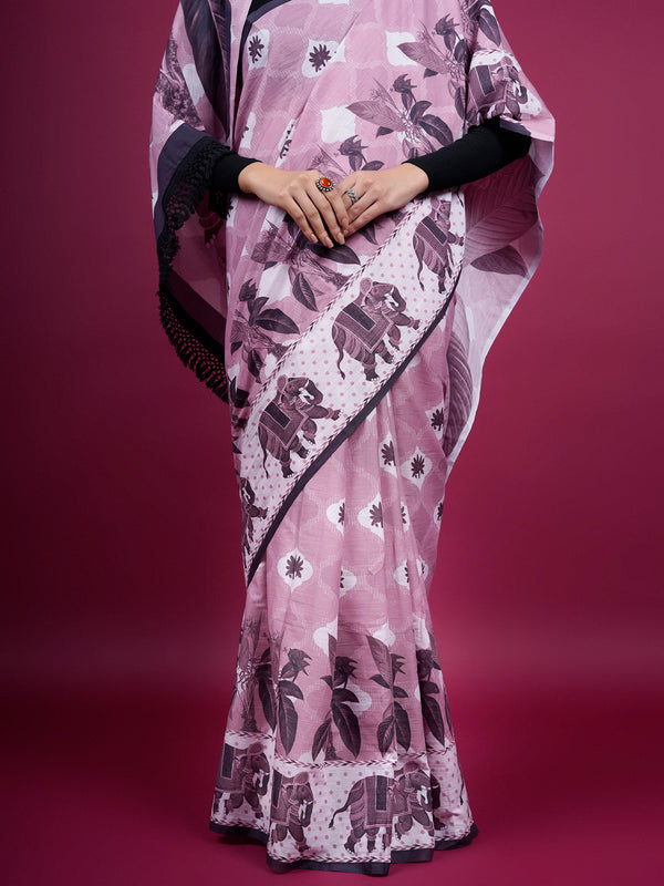 Lavender Floral Tassels Pure Cotton Saree for Women