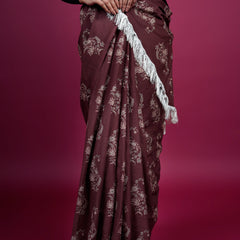 Coffee Brown Floral Printed Cotton Saree for Women