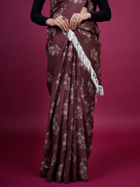 Coffee Brown Floral Printed Cotton Saree for Women