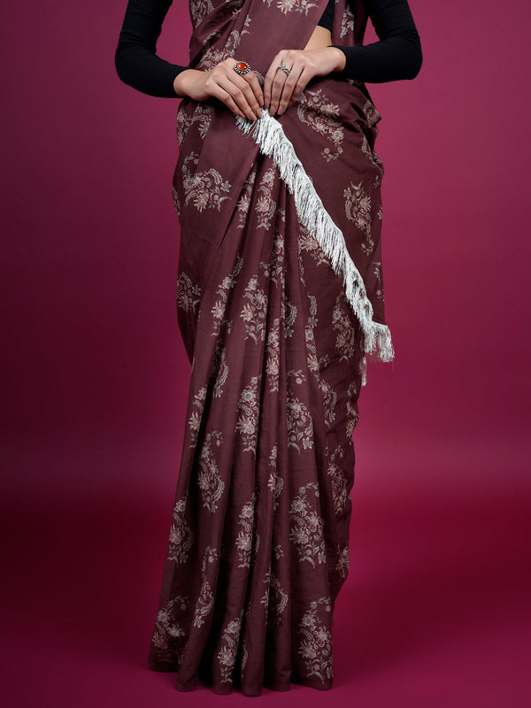Coffee Brown Floral Printed Cotton Saree for Women
