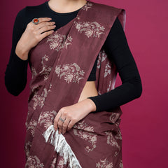 Coffee Brown Floral Printed Cotton Saree for Women