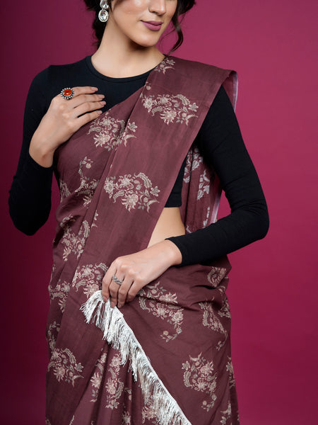 Coffee Brown Floral Printed Cotton Saree for Women