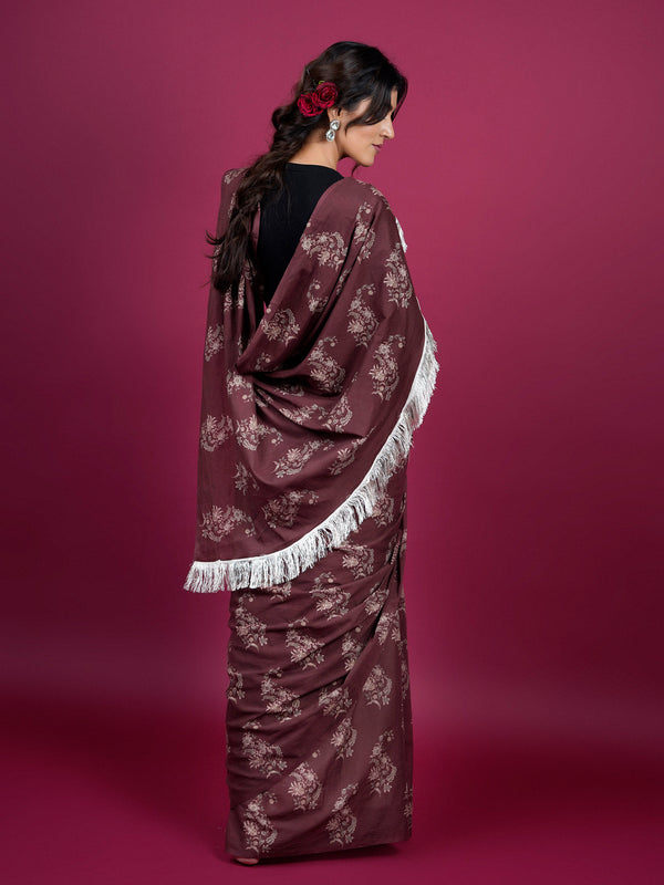 Coffee Brown Floral Printed Cotton Saree for Women