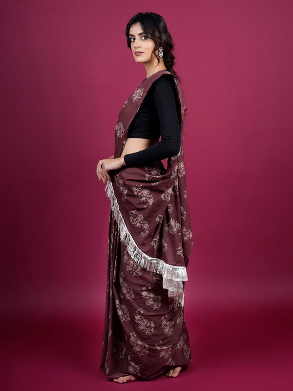 Coffee Brown Floral Printed Cotton Saree for Women