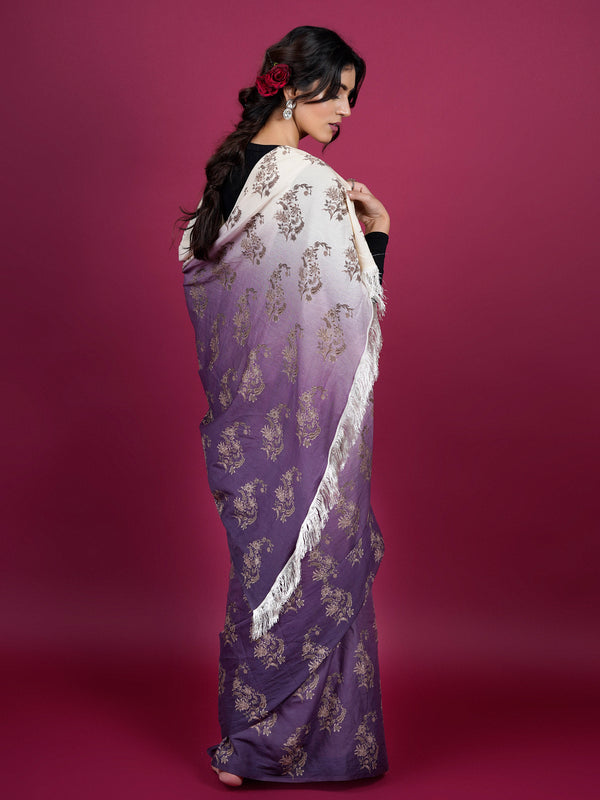 Purple Floral Woven Cotton Saree for Women