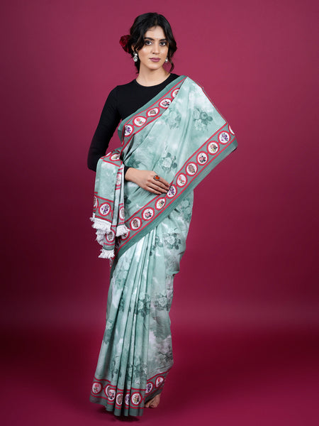 Green Floral Printed Pure Cotton Saree for Women