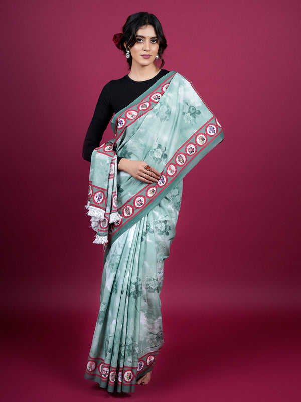 Green Floral Printed Pure Cotton Saree for Women