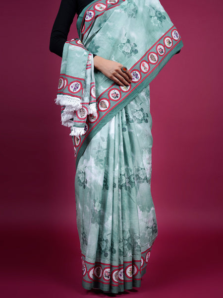 Green Floral Printed Pure Cotton Saree for Women