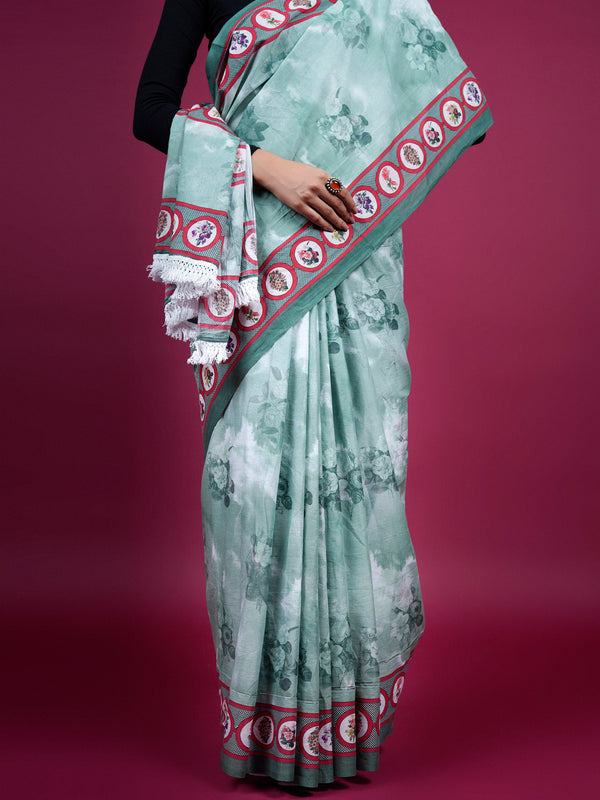 Green Floral Printed Pure Cotton Saree for Women