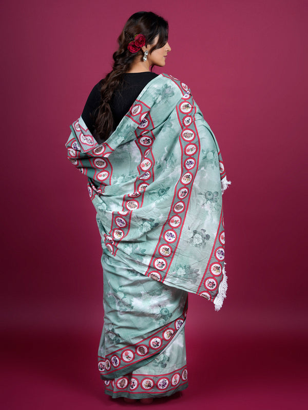 Green Floral Printed Pure Cotton Saree for Women