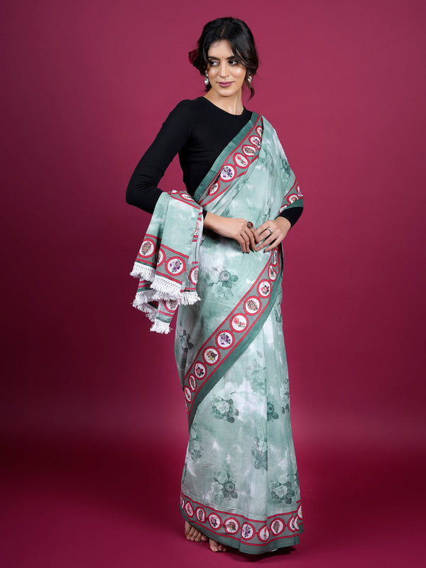 Green Floral Printed Pure Cotton Saree for Women