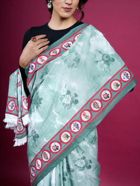 Green Floral Printed Pure Cotton Saree for Women