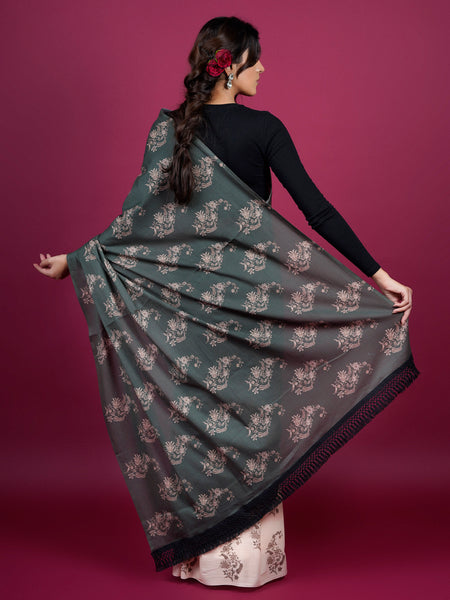 Black Floral Printed Pure Cotton Half And Half Saree Women