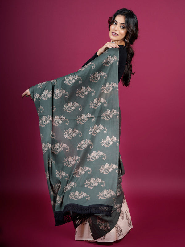 Black Floral Printed Pure Cotton Half And Half Saree Women