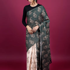 Black Floral Printed Pure Cotton Half And Half Saree Women