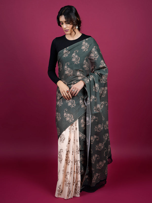 Black Floral Printed Pure Cotton Half And Half Saree Women