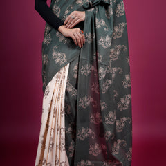 Black Floral Printed Pure Cotton Half And Half Saree Women