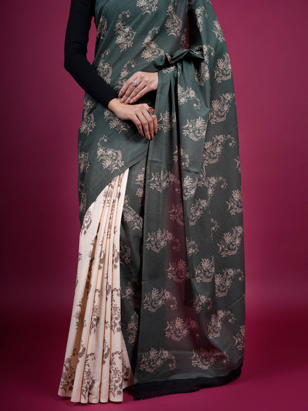 Black Floral Printed Pure Cotton Half And Half Saree Women