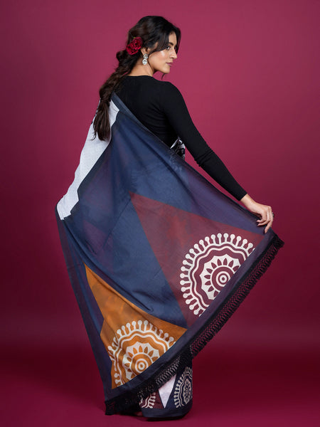 White Ethnic Moti Printed Pure Cotton Saree for Women