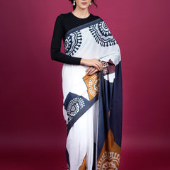 White Ethnic Moti Printed Pure Cotton Saree for Women