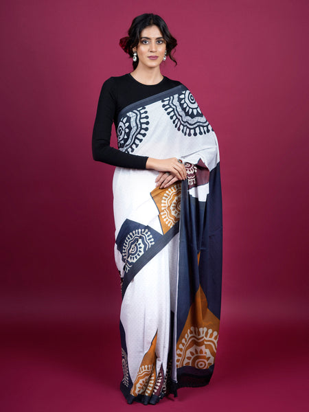 White Ethnic Moti Printed Pure Cotton Saree for Women
