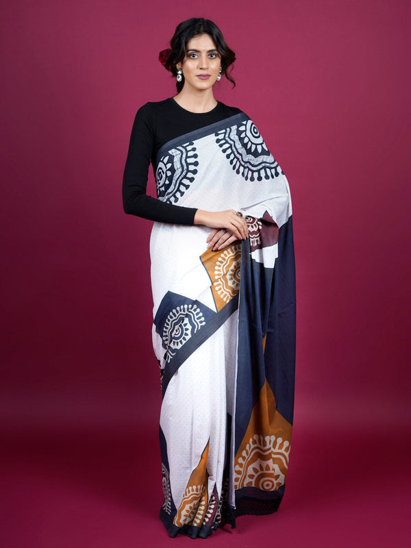White Ethnic Moti Printed Pure Cotton Saree for Women
