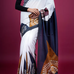 White Ethnic Moti Printed Pure Cotton Saree for Women