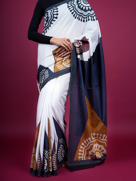 White Ethnic Moti Printed Pure Cotton Saree for Women