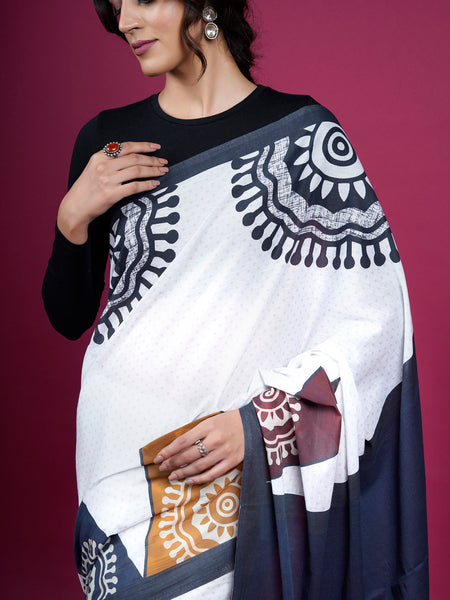 White Ethnic Moti Printed Pure Cotton Saree for Women