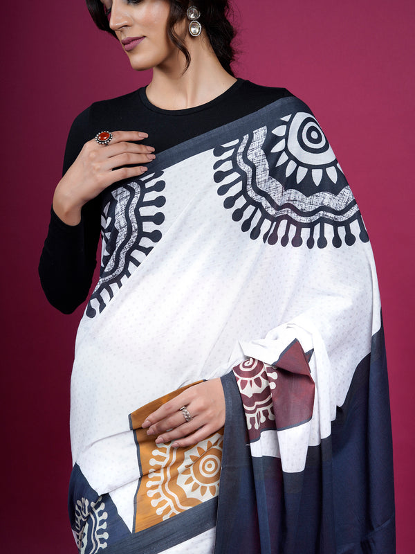 White Ethnic Moti Printed Pure Cotton Saree for Women