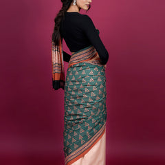 Green Geometric Cotton Half & Half Saree for Women
