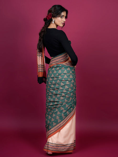 Green Geometric Cotton Half & Half Saree for Women