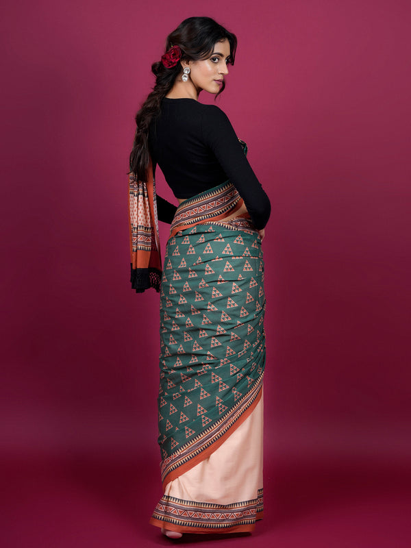 Green Geometric Cotton Half & Half Saree for Women