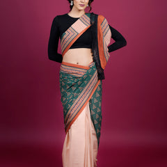 Green Geometric Cotton Half & Half Saree for Women