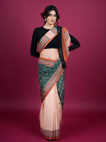 Green Geometric Cotton Half & Half Saree for Women