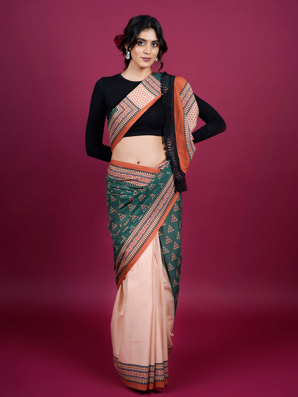 Green Geometric Cotton Half & Half Saree for Women