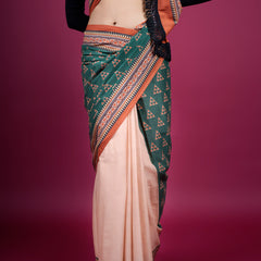 Green Geometric Cotton Half & Half Saree for Women
