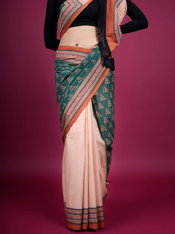 Green Geometric Cotton Half & Half Saree for Women