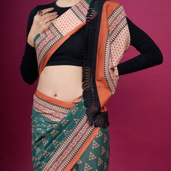Green Geometric Cotton Half & Half Saree for Women