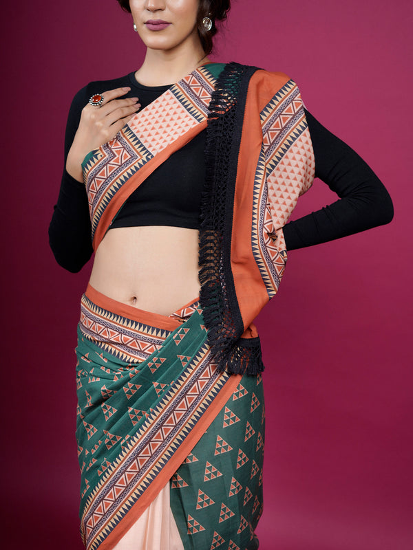 Green Geometric Cotton Half & Half Saree for Women