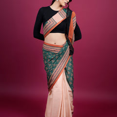 Green Geometric Cotton Half & Half Saree for Women