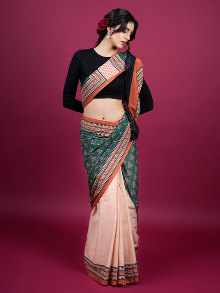 Green Geometric Cotton Half & Half Saree for Women