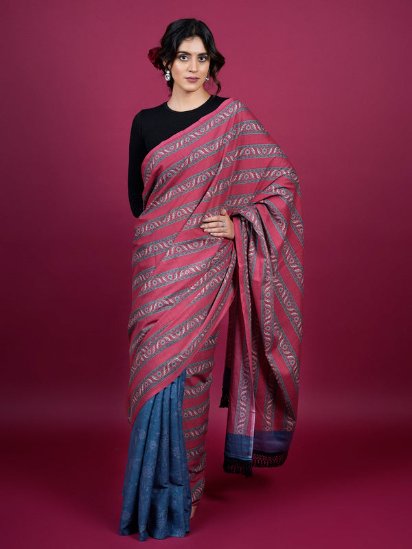Red Floral Pure Cotton Half And Half Saree for Women