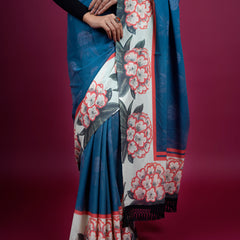 Blue Floral Printed Pure Cotton Saree for Women