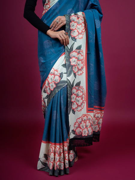 Blue Floral Printed Pure Cotton Saree for Women