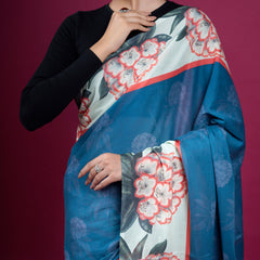 Blue Floral Printed Pure Cotton Saree for Women