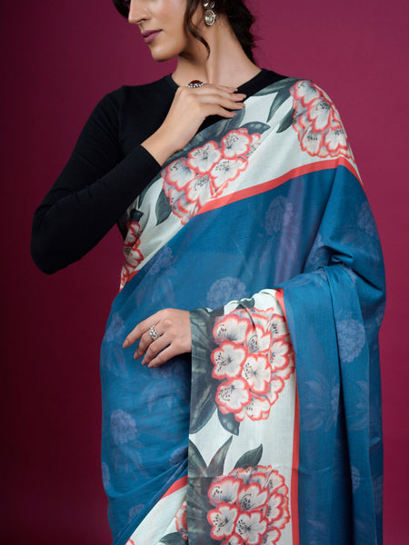 Blue Floral Printed Pure Cotton Saree for Women