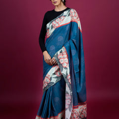 Blue Floral Printed Pure Cotton Saree for Women