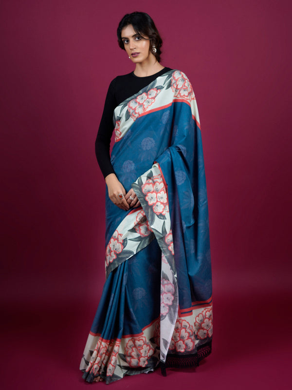 Blue Floral Printed Pure Cotton Saree for Women