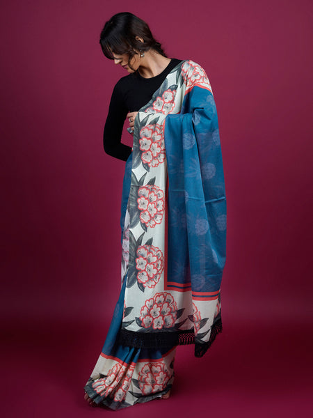 Blue Floral Printed Pure Cotton Saree for Women